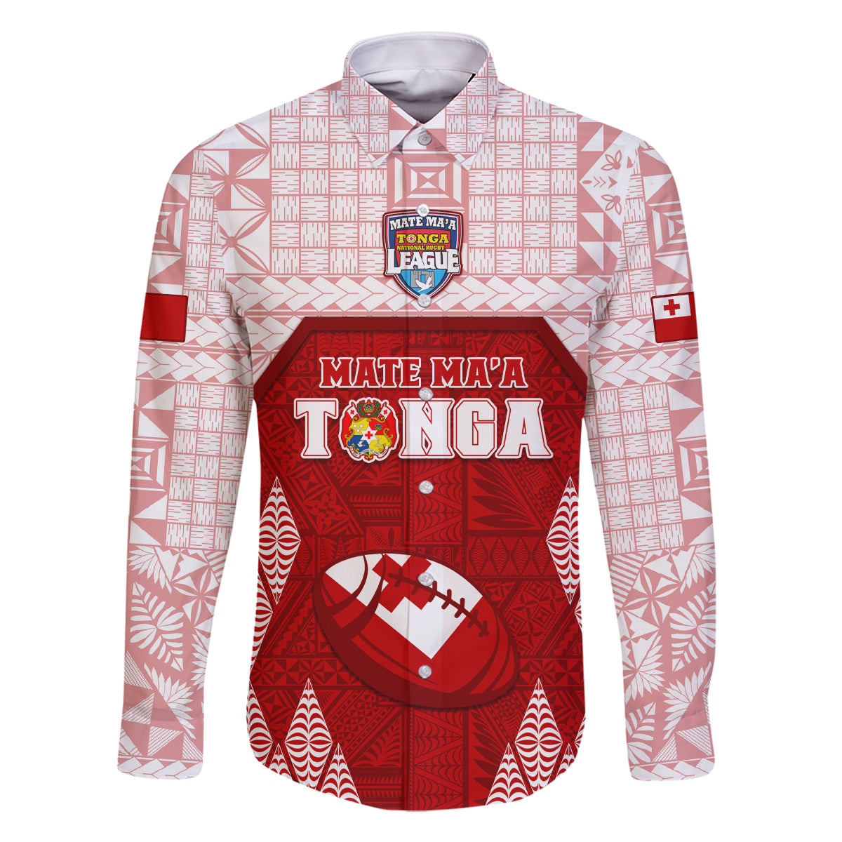 Custom Tonga Rugby Family Matching Off Shoulder Maxi Dress and Hawaiian Shirt 2023 Pacific Championships Kupesi Ngatu Mate Maa LT05 Dad's Shirt - Long Sleeve Red - Polynesian Pride