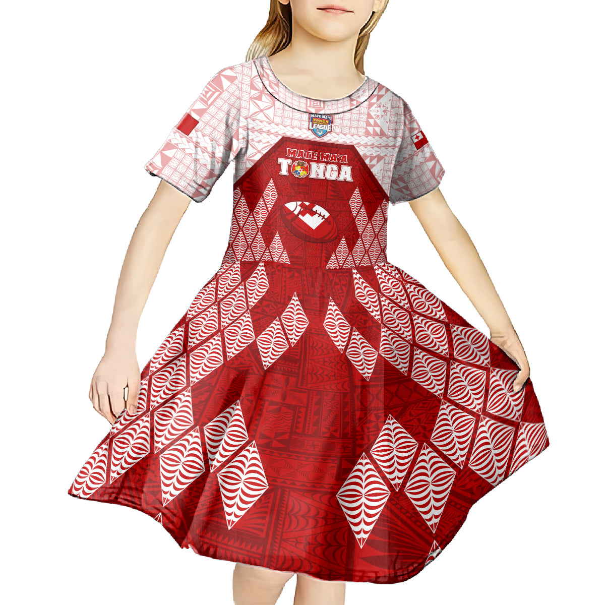 Custom Tonga Rugby Kid Short Sleeve Dress 2023 Pacific Championships Kupesi Ngatu Mate Maa LT05 - Polynesian Pride