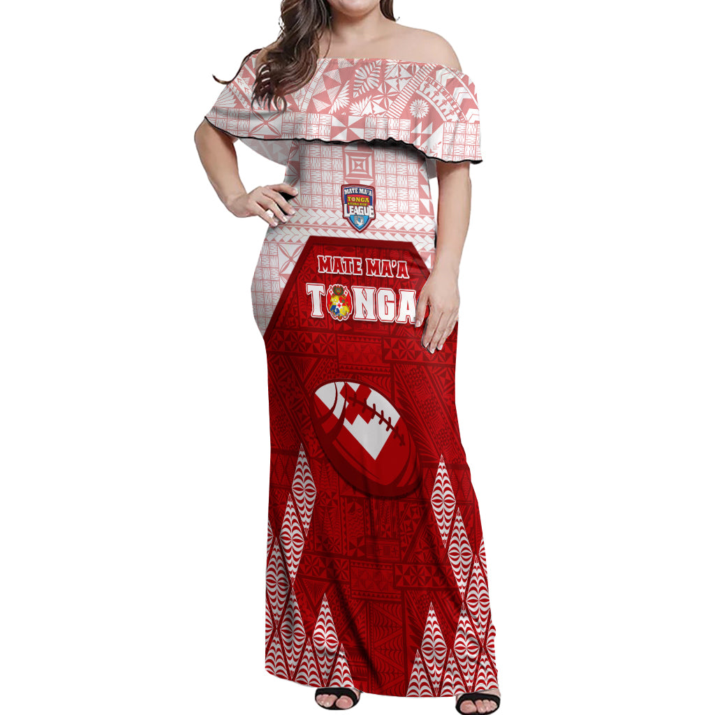 Custom Tonga Rugby Off Shoulder Maxi Dress 2023 Pacific Championships Kupesi Ngatu Mate Maa LT05 Women Red - Polynesian Pride