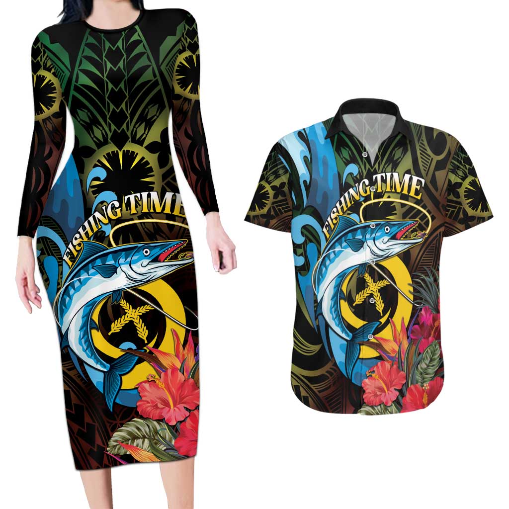 Vanuatu Fishing Couples Matching Long Sleeve Bodycon Dress and Hawaiian Shirt It's Time To Fish