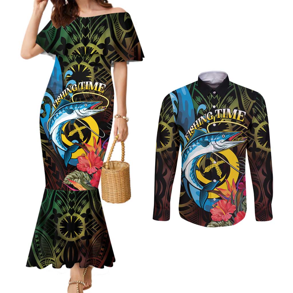 Vanuatu Fishing Couples Matching Mermaid Dress and Long Sleeve Button Shirt It's Time To Fish