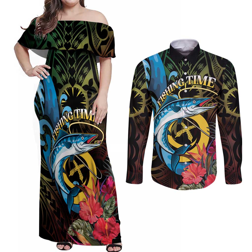 Vanuatu Fishing Couples Matching Off Shoulder Maxi Dress and Long Sleeve Button Shirt It's Time To Fish