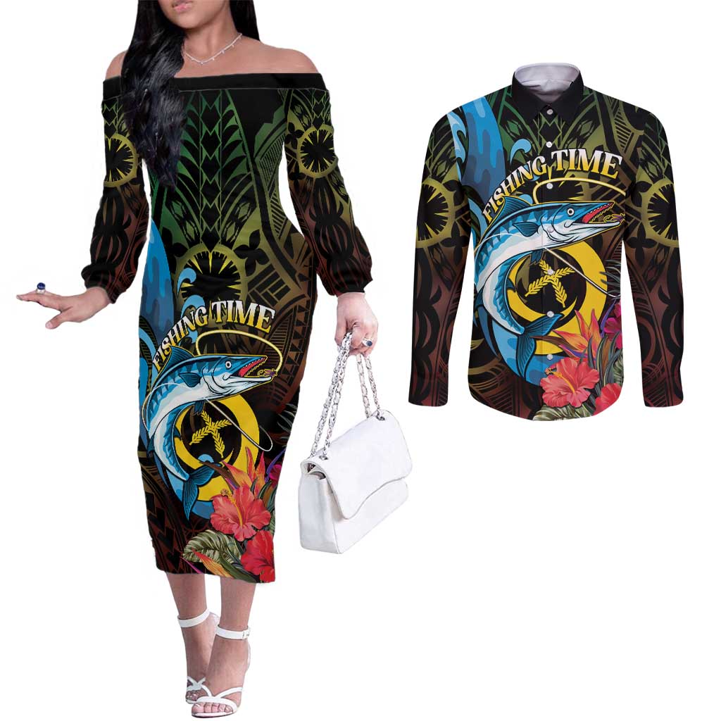 Vanuatu Fishing Couples Matching Off The Shoulder Long Sleeve Dress and Long Sleeve Button Shirt It's Time To Fish