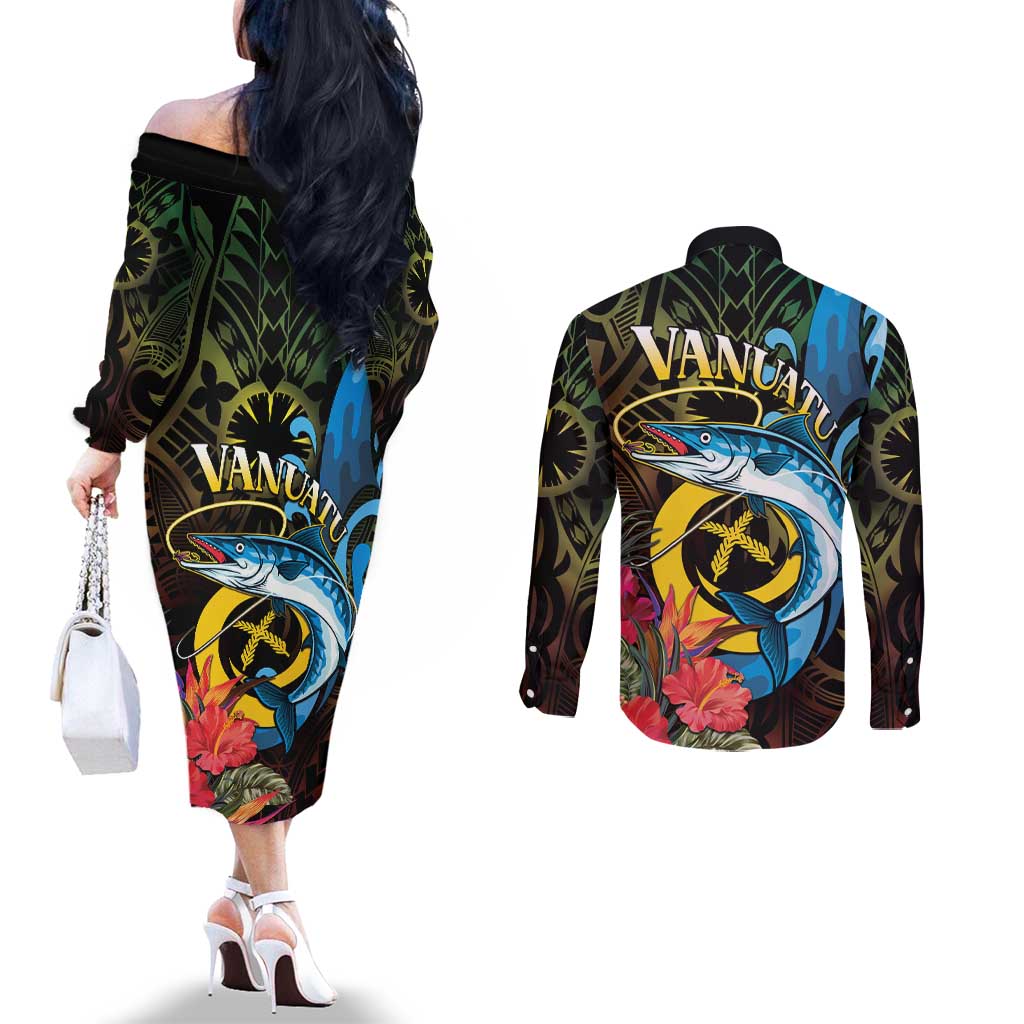 Vanuatu Fishing Couples Matching Off The Shoulder Long Sleeve Dress and Long Sleeve Button Shirt It's Time To Fish