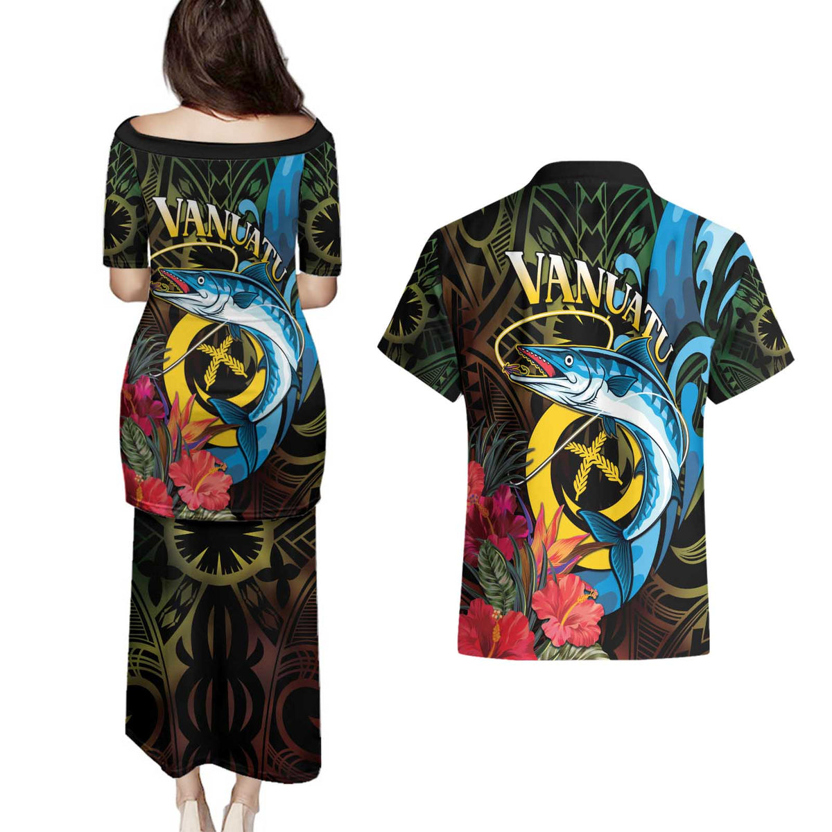 Vanuatu Fishing Couples Matching Puletasi and Hawaiian Shirt It's Time To Fish