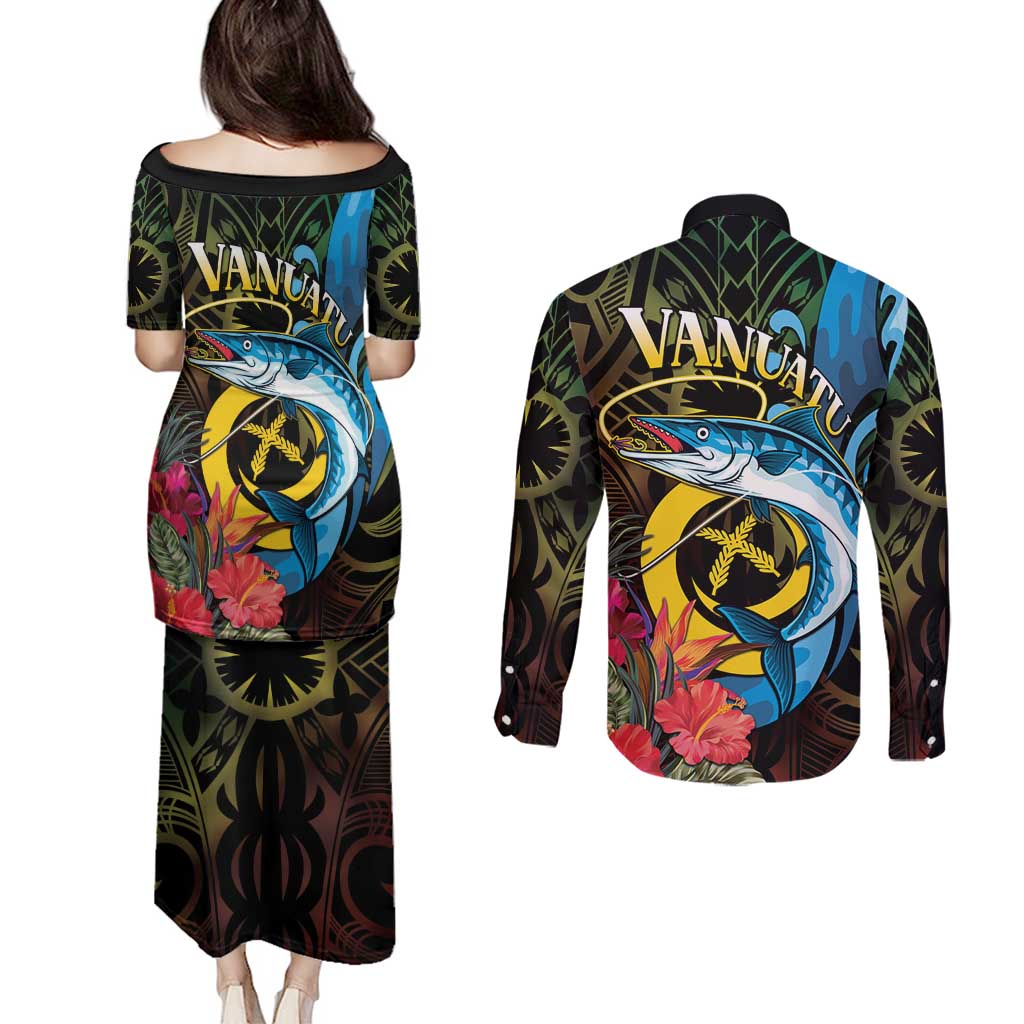 Vanuatu Fishing Couples Matching Puletasi and Long Sleeve Button Shirt It's Time To Fish