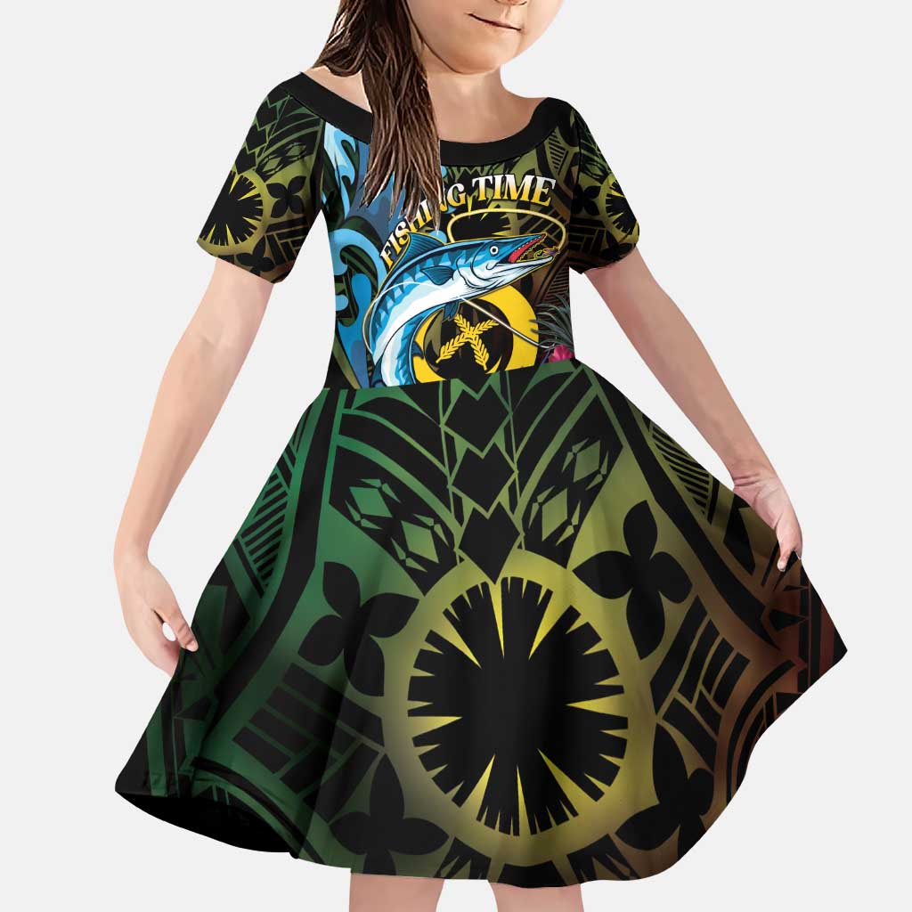 Vanuatu Fishing Family Matching Puletasi and Hawaiian Shirt It's Time To Fish LT05 Daughter's Dress Black - Polynesian Pride