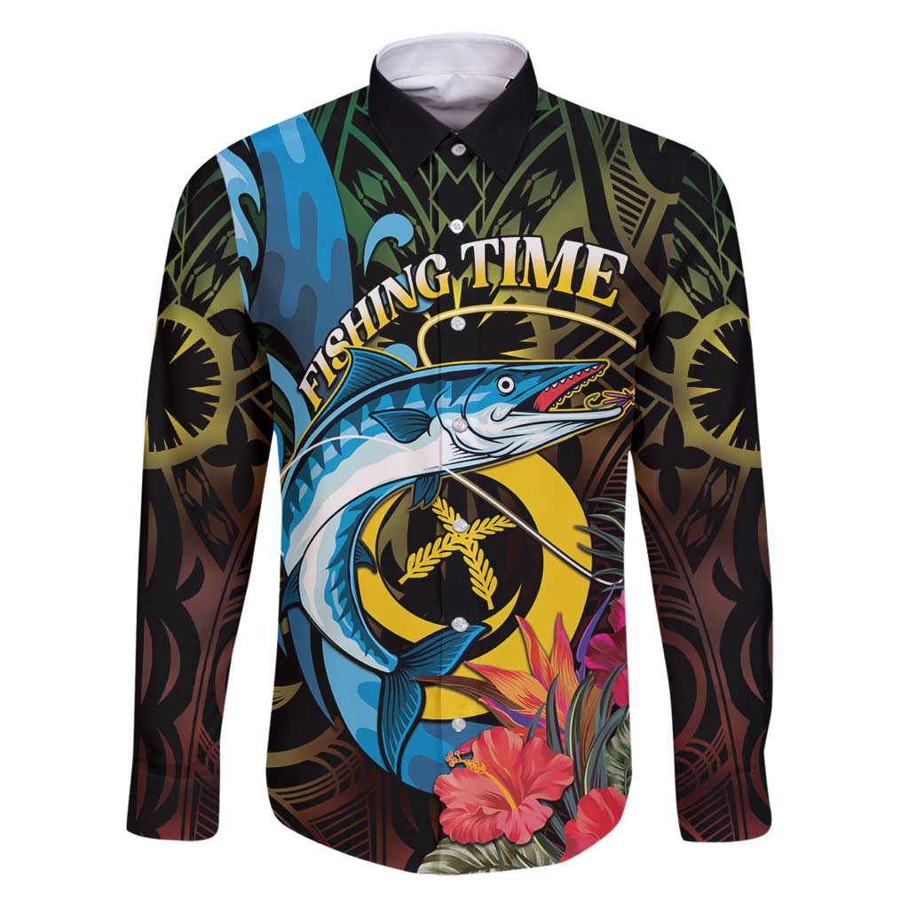 Vanuatu Fishing Family Matching Puletasi and Hawaiian Shirt It's Time To Fish LT05 Dad's Shirt - Long Sleeve Black - Polynesian Pride