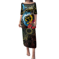Vanuatu Fishing Family Matching Puletasi and Hawaiian Shirt It's Time To Fish LT05 Mom's Dress Black - Polynesian Pride