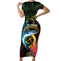 Vanuatu Fishing Family Matching Short Sleeve Bodycon Dress and Hawaiian Shirt It's Time To Fish LT05 Mom's Dress Black - Polynesian Pride