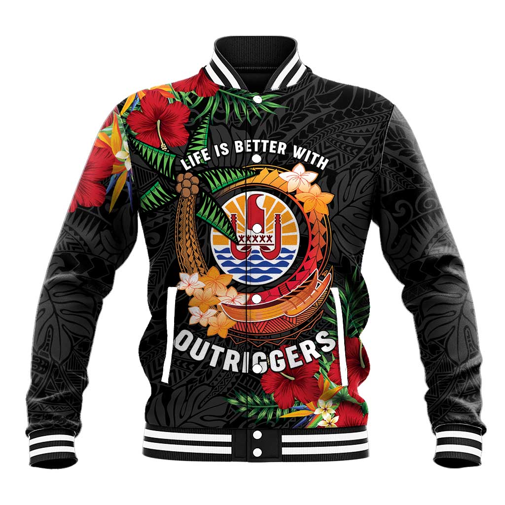 Personalised French Polynesia Outrigger Canoe Race Baseball Jacket Tropical Vibe