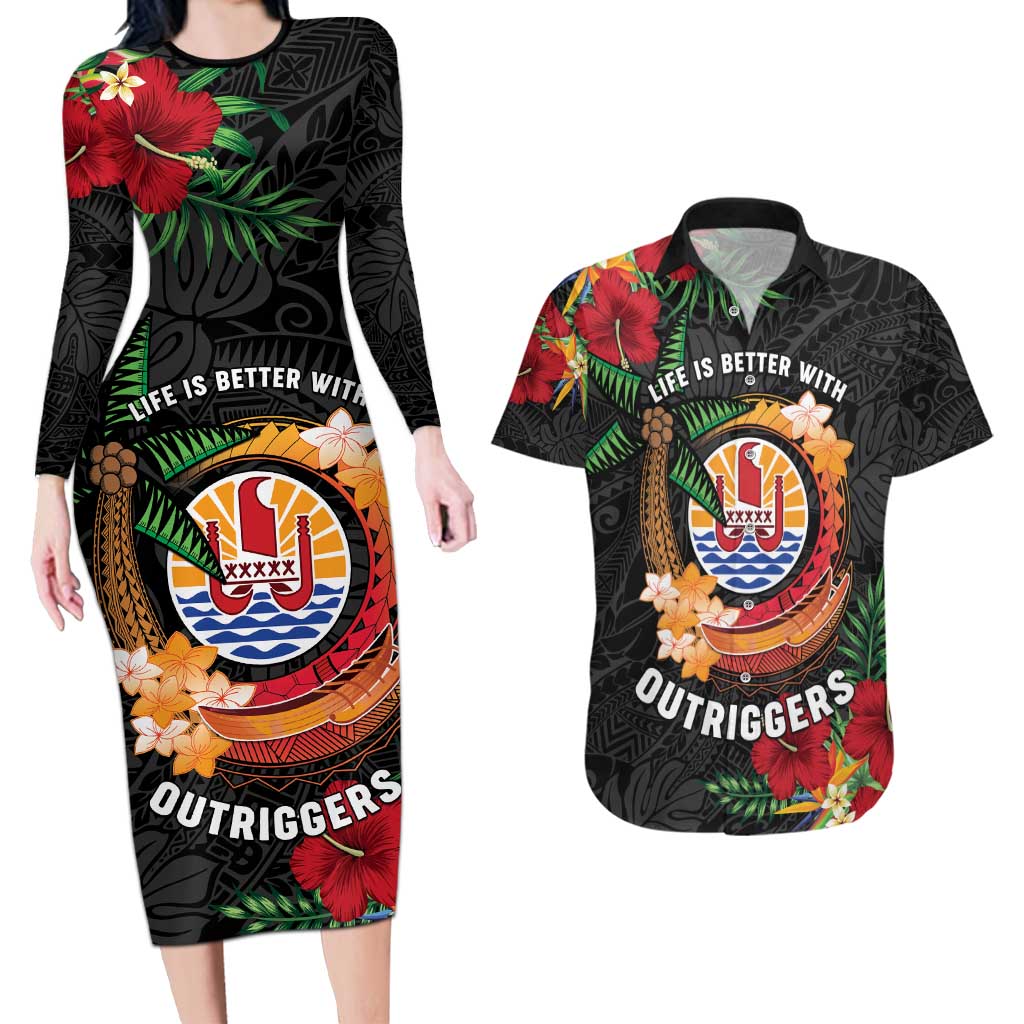 Personalised French Polynesia Outrigger Canoe Race Couples Matching Long Sleeve Bodycon Dress and Hawaiian Shirt Tropical Vibe