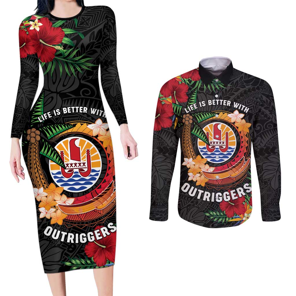 Personalised French Polynesia Outrigger Canoe Race Couples Matching Long Sleeve Bodycon Dress and Long Sleeve Button Shirt Tropical Vibe