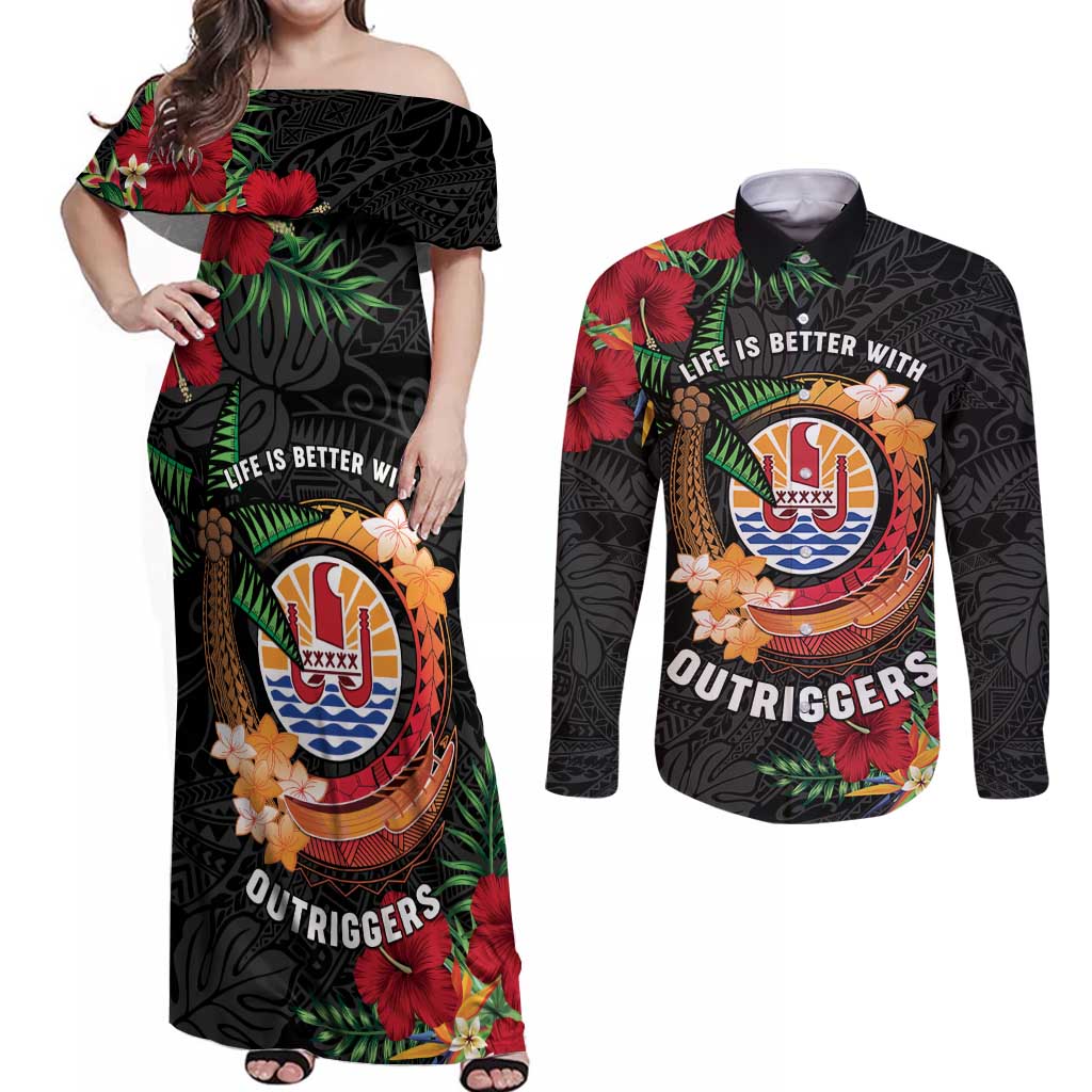 Personalised French Polynesia Outrigger Canoe Race Couples Matching Off Shoulder Maxi Dress and Long Sleeve Button Shirt Tropical Vibe