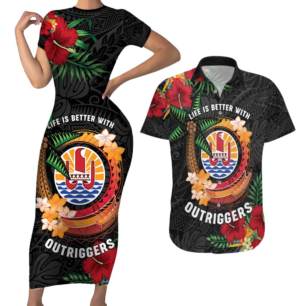 Personalised French Polynesia Outrigger Canoe Race Couples Matching Short Sleeve Bodycon Dress and Hawaiian Shirt Tropical Vibe