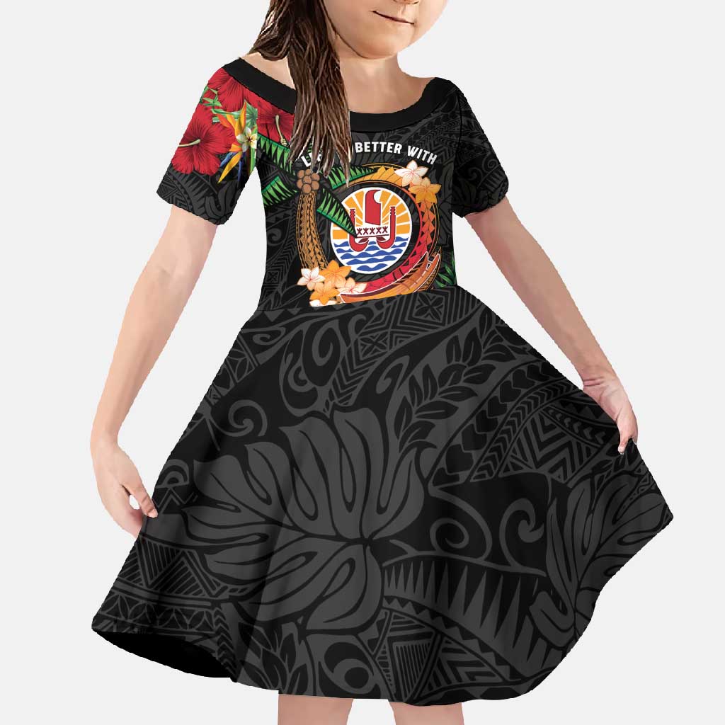 Personalised French Polynesia Outrigger Canoe Race Family Matching Long Sleeve Bodycon Dress and Hawaiian Shirt Tropical Vibe LT05 Daughter's Dress Black - Polynesian Pride