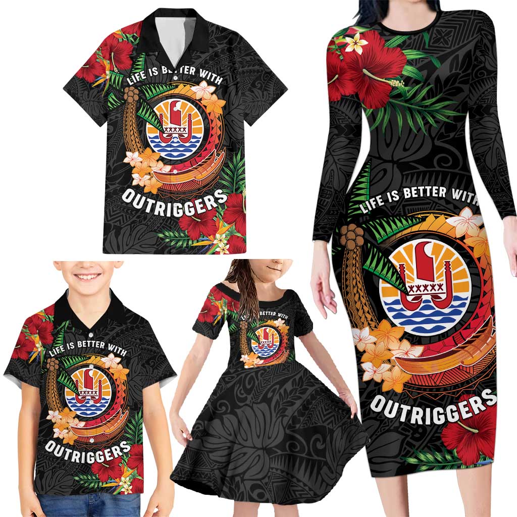 Personalised French Polynesia Outrigger Canoe Race Family Matching Long Sleeve Bodycon Dress and Hawaiian Shirt Tropical Vibe