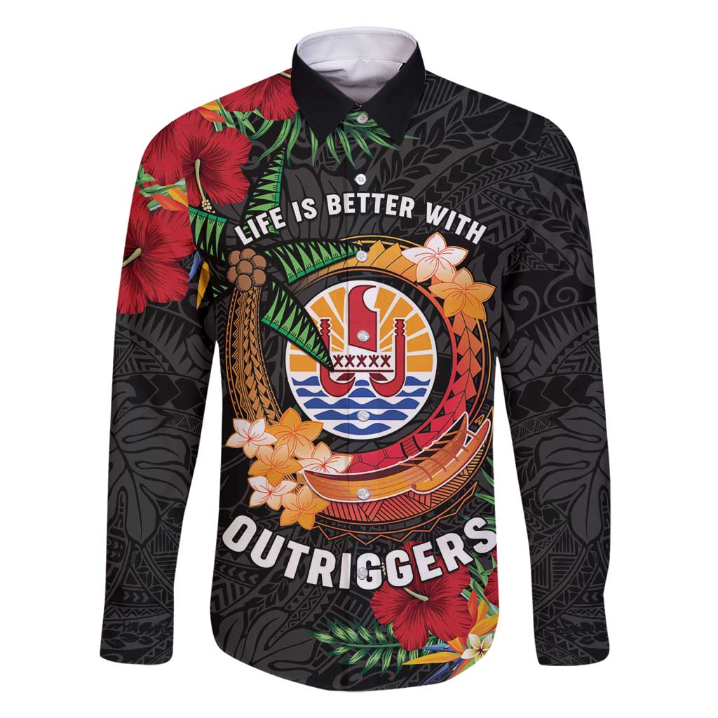 Personalised French Polynesia Outrigger Canoe Race Family Matching Long Sleeve Bodycon Dress and Hawaiian Shirt Tropical Vibe LT05 Dad's Shirt - Long Sleeve Black - Polynesian Pride