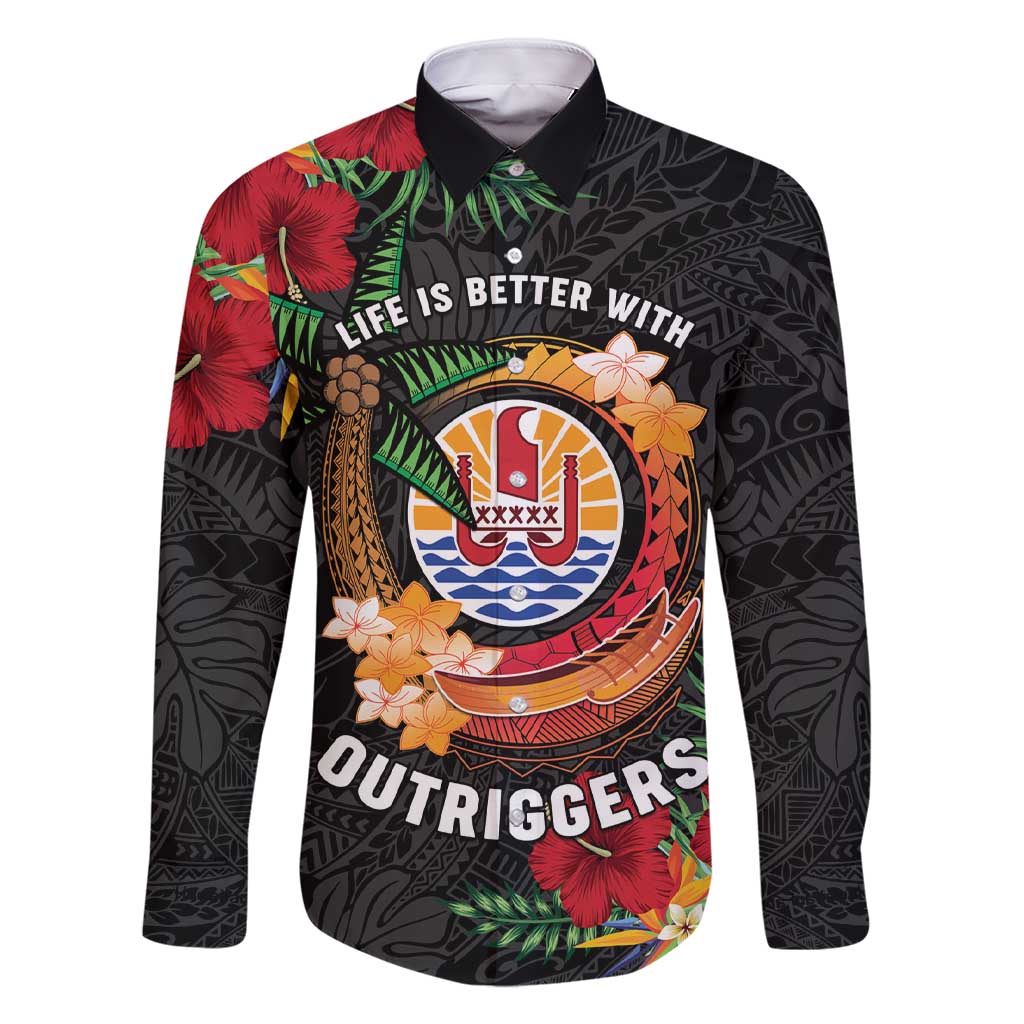 Personalised French Polynesia Outrigger Canoe Race Family Matching Short Sleeve Bodycon Dress and Hawaiian Shirt Tropical Vibe LT05 Dad's Shirt - Long Sleeve Black - Polynesian Pride