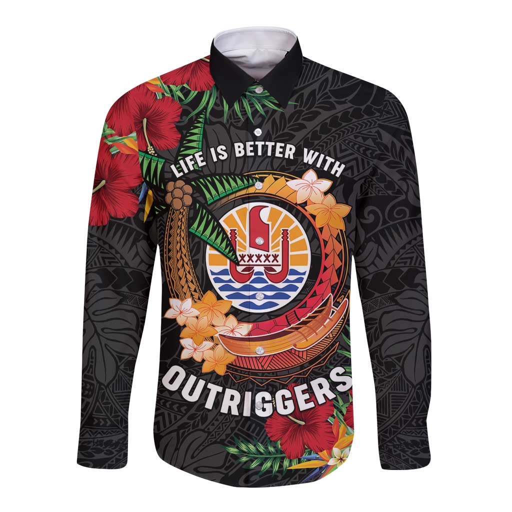 Personalised French Polynesia Outrigger Canoe Race Long Sleeve Button Shirt Tropical Vibe