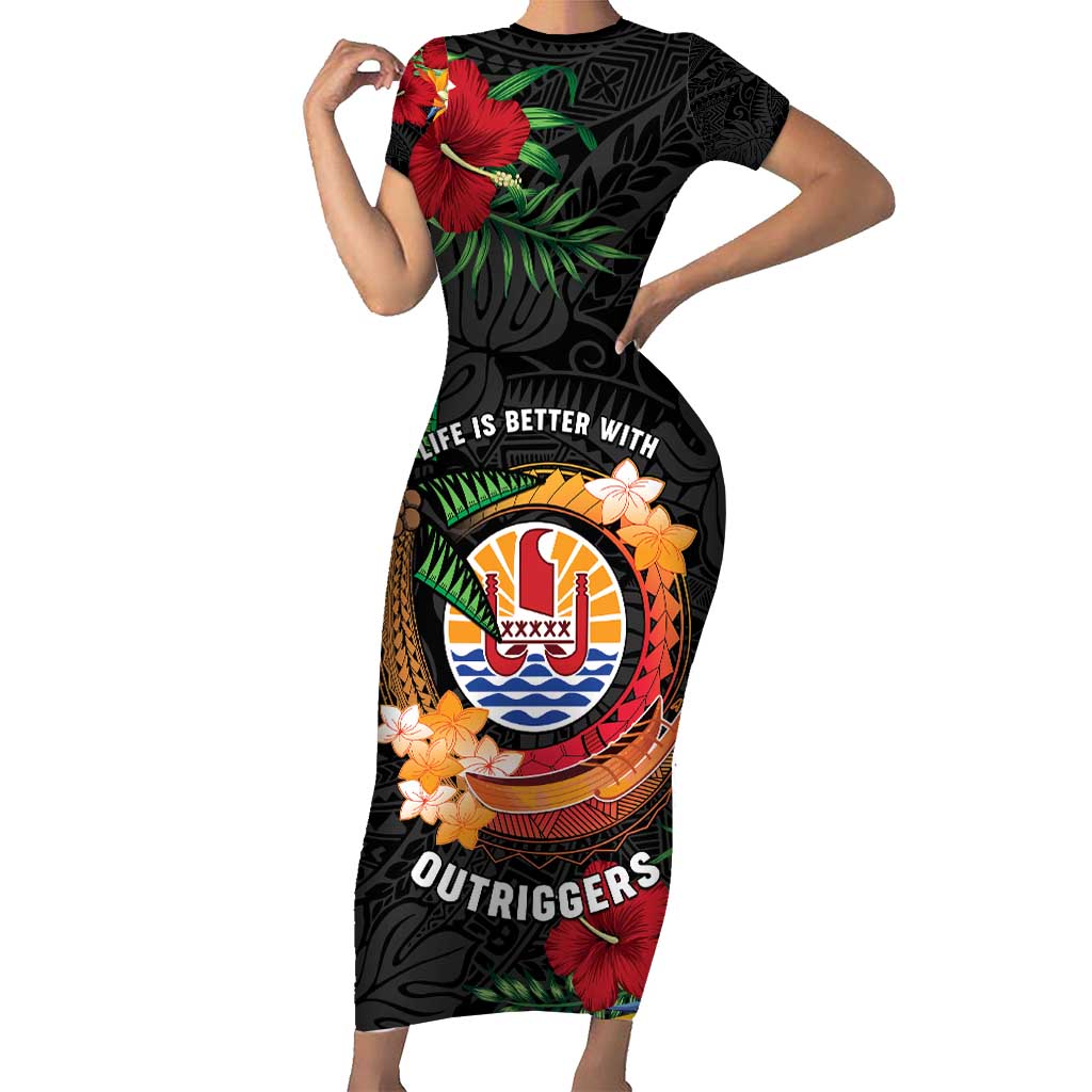 Personalised French Polynesia Outrigger Canoe Race Short Sleeve Bodycon Dress Tropical Vibe