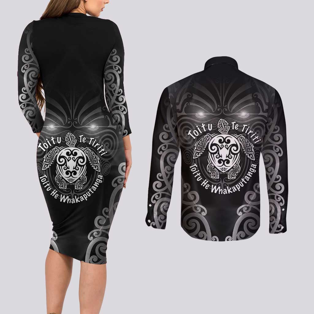 Aotearoa Toitu Te Tiriti Couples Matching Long Sleeve Bodycon Dress and Long Sleeve Button Shirt Ka Mua Ka Muri LT05 - Polynesian Pride