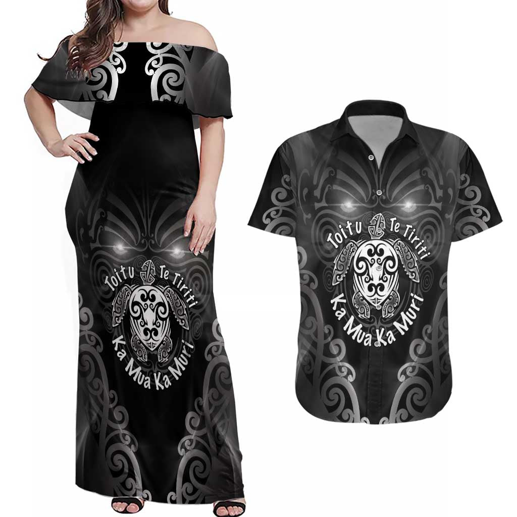 Aotearoa Toitu Te Tiriti Couples Matching Off Shoulder Maxi Dress and Hawaiian Shirt Ka Mua Ka Muri LT05 Black - Polynesian Pride