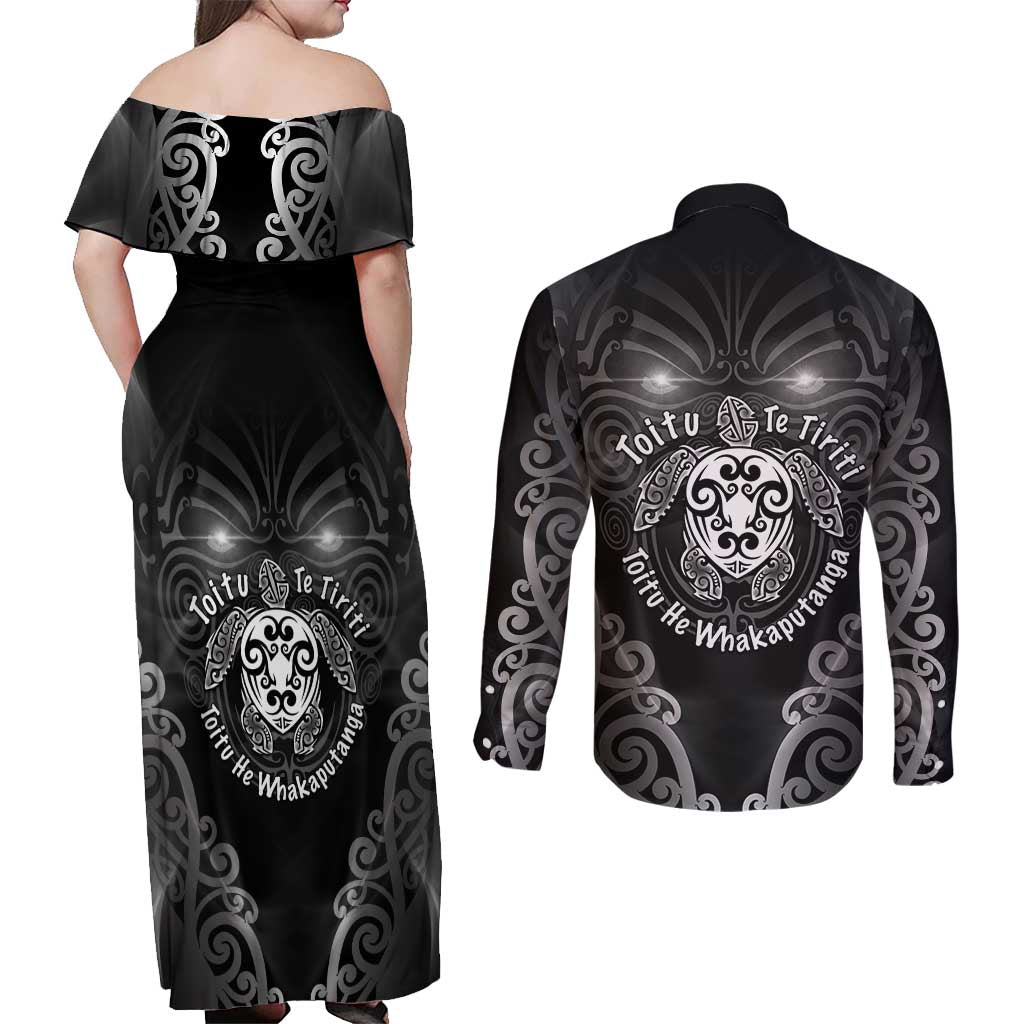 Aotearoa Toitu Te Tiriti Couples Matching Off Shoulder Maxi Dress and Long Sleeve Button Shirt Ka Mua Ka Muri