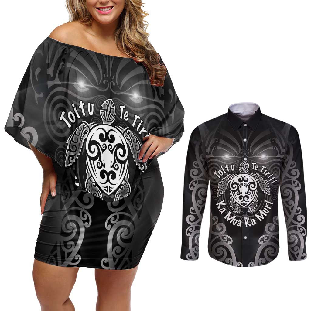 Aotearoa Toitu Te Tiriti Couples Matching Off Shoulder Short Dress and Long Sleeve Button Shirt Ka Mua Ka Muri