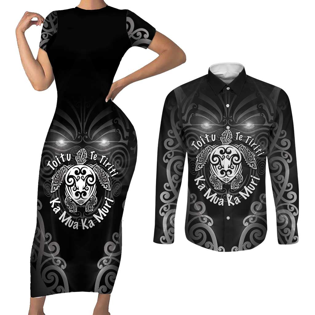 Aotearoa Toitu Te Tiriti Couples Matching Short Sleeve Bodycon Dress and Long Sleeve Button Shirt Ka Mua Ka Muri