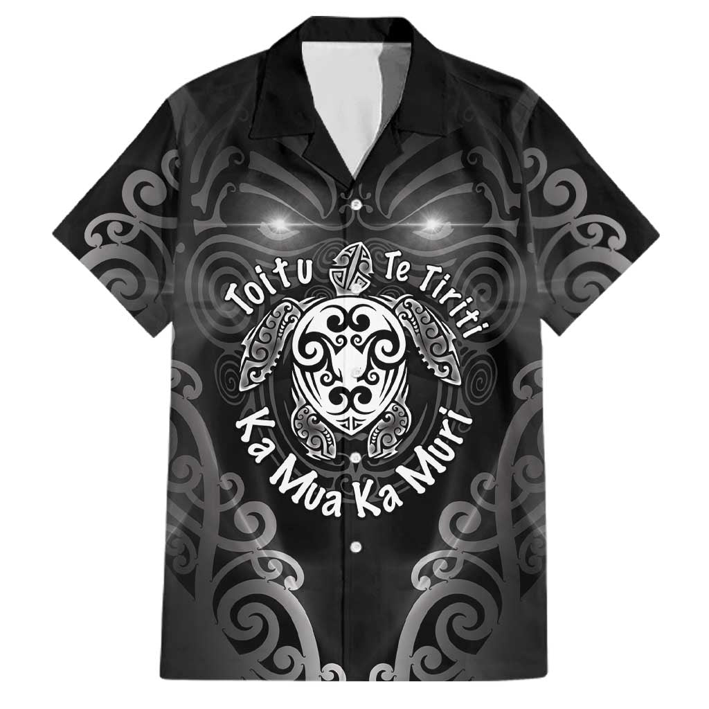Aotearoa Toitu Te Tiriti Family Matching Off Shoulder Short Dress and Hawaiian Shirt Ka Mua Ka Muri LT05 Dad's Shirt - Short Sleeve Black - Polynesian Pride