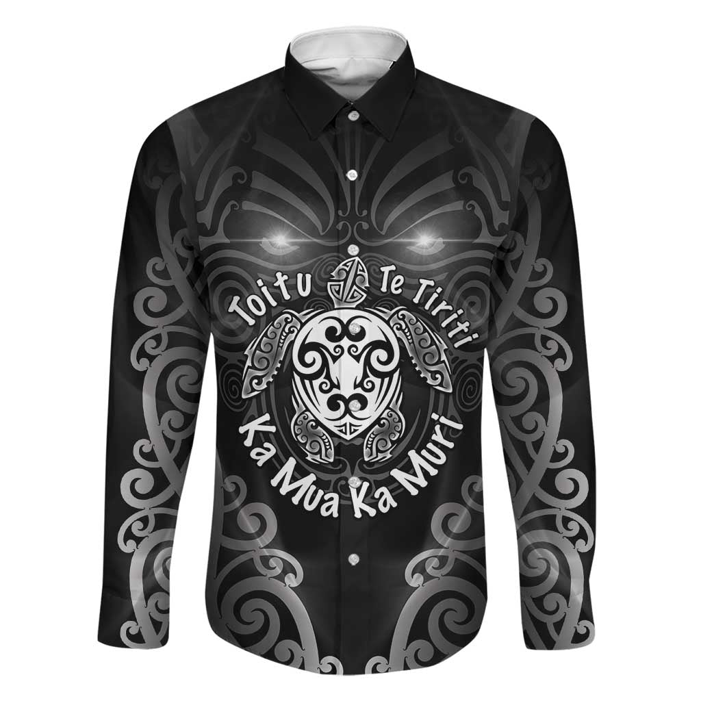Aotearoa Toitu Te Tiriti Family Matching Off Shoulder Short Dress and Hawaiian Shirt Ka Mua Ka Muri LT05 Dad's Shirt - Long Sleeve Black - Polynesian Pride