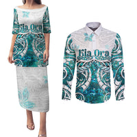 New Zealand Aotearoa Kia Ora Couples Matching Puletasi and Long Sleeve Button Shirt Paua Shell Maori Silver Fern LT05 Turquoise - Polynesian Pride