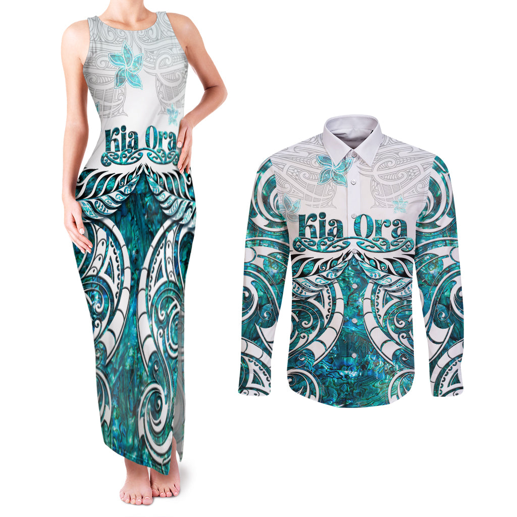 New Zealand Aotearoa Kia Ora Couples Matching Tank Maxi Dress and Long Sleeve Button Shirt Paua Shell Maori Silver Fern LT05 Turquoise - Polynesian Pride