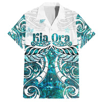 New Zealand Aotearoa Kia Ora Family Matching Long Sleeve Bodycon Dress and Hawaiian Shirt Paua Shell Maori Silver Fern LT05 Dad's Shirt - Short Sleeve Turquoise - Polynesian Pride