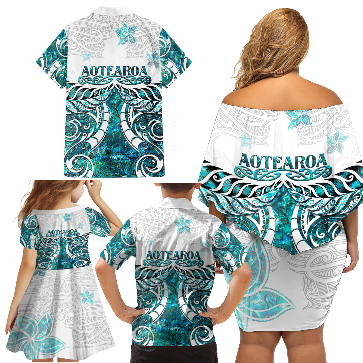New Zealand Aotearoa Kia Ora Family Matching Off Shoulder Short Dress and Hawaiian Shirt Paua Shell Maori Silver Fern LT05 - Polynesian Pride