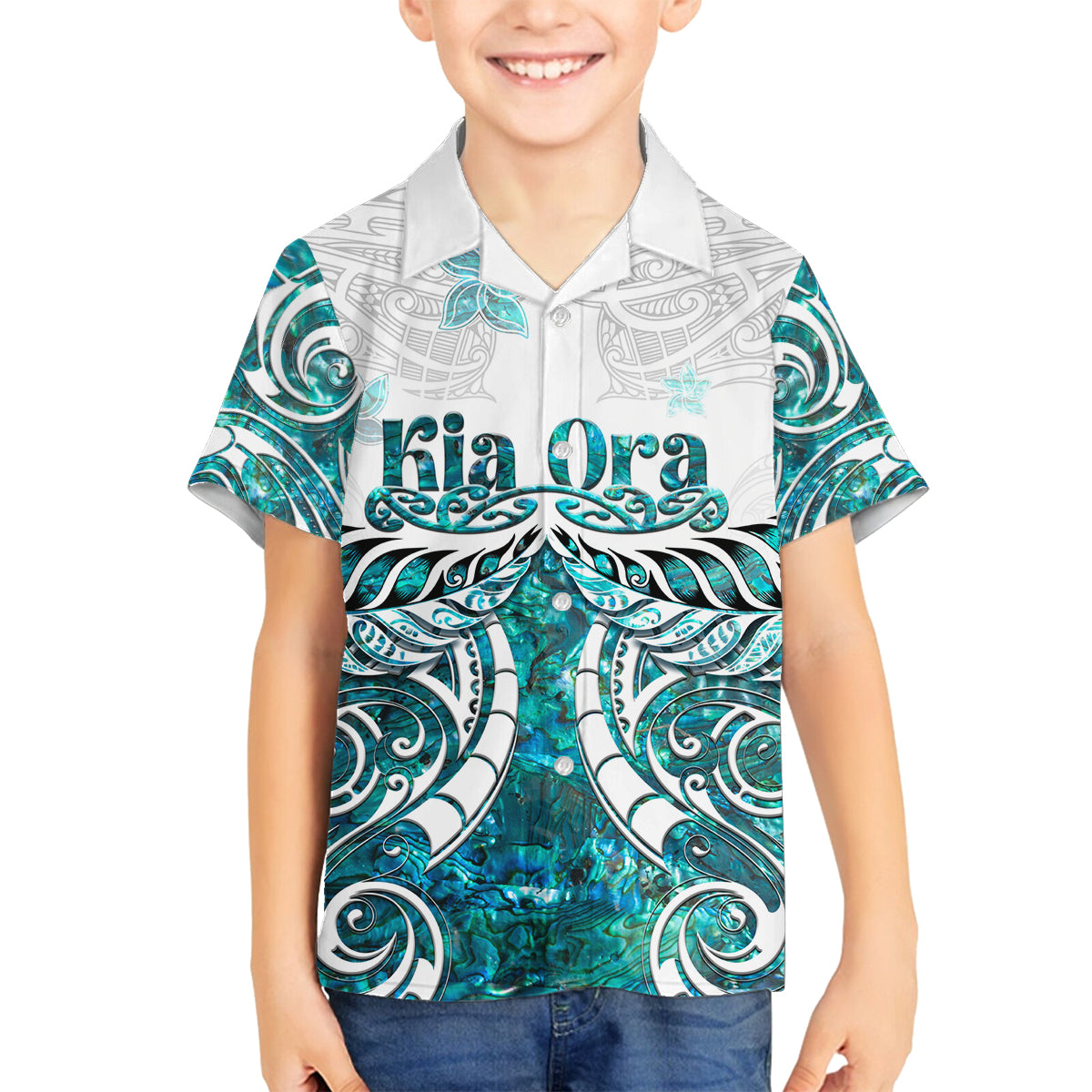 New Zealand Aotearoa Kia Ora Family Matching Off Shoulder Short Dress and Hawaiian Shirt Paua Shell Maori Silver Fern LT05 Son's Shirt Turquoise - Polynesian Pride