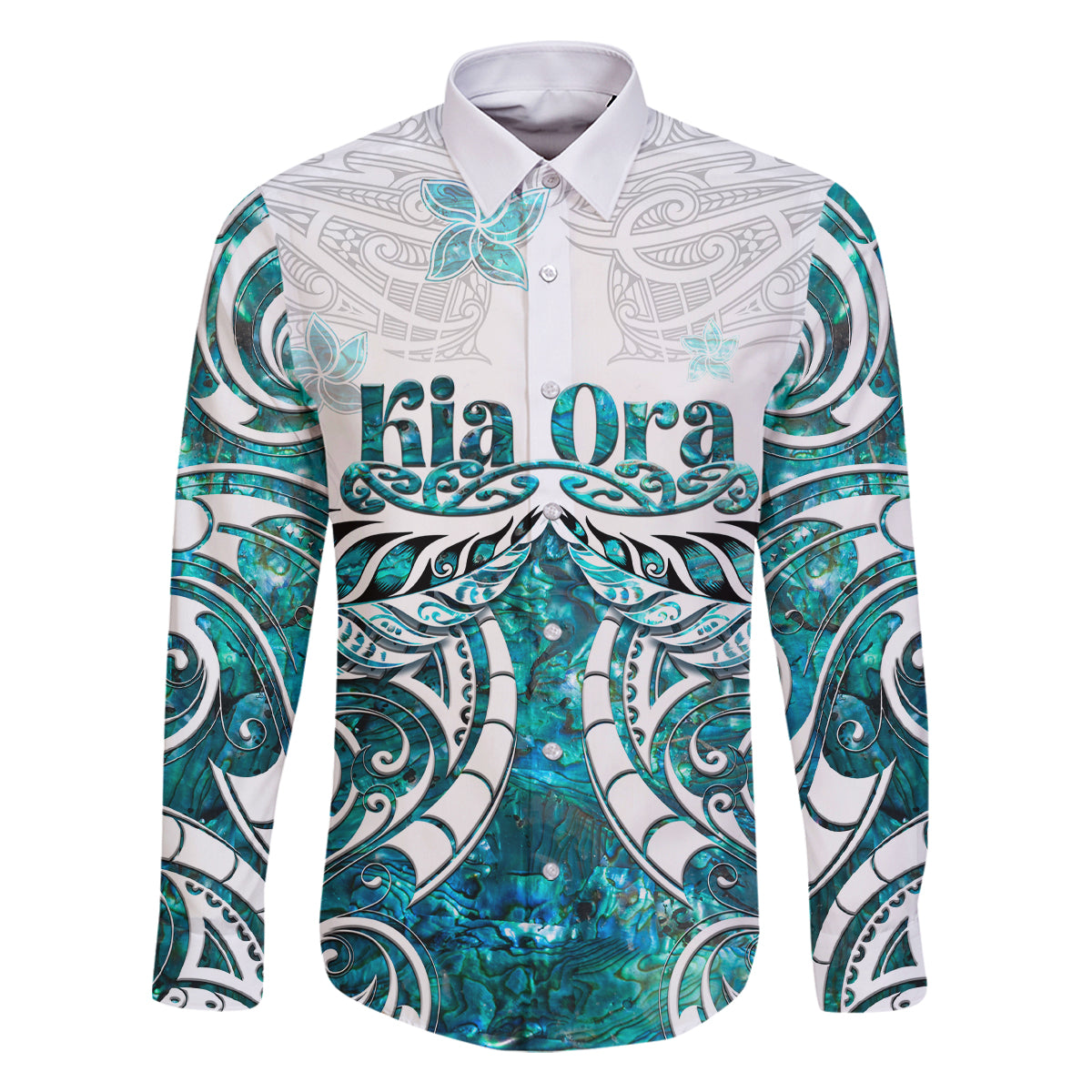 New Zealand Aotearoa Kia Ora Family Matching Summer Maxi Dress and Hawaiian Shirt Paua Shell Maori Silver Fern LT05 Dad's Shirt - Long Sleeve Turquoise - Polynesian Pride