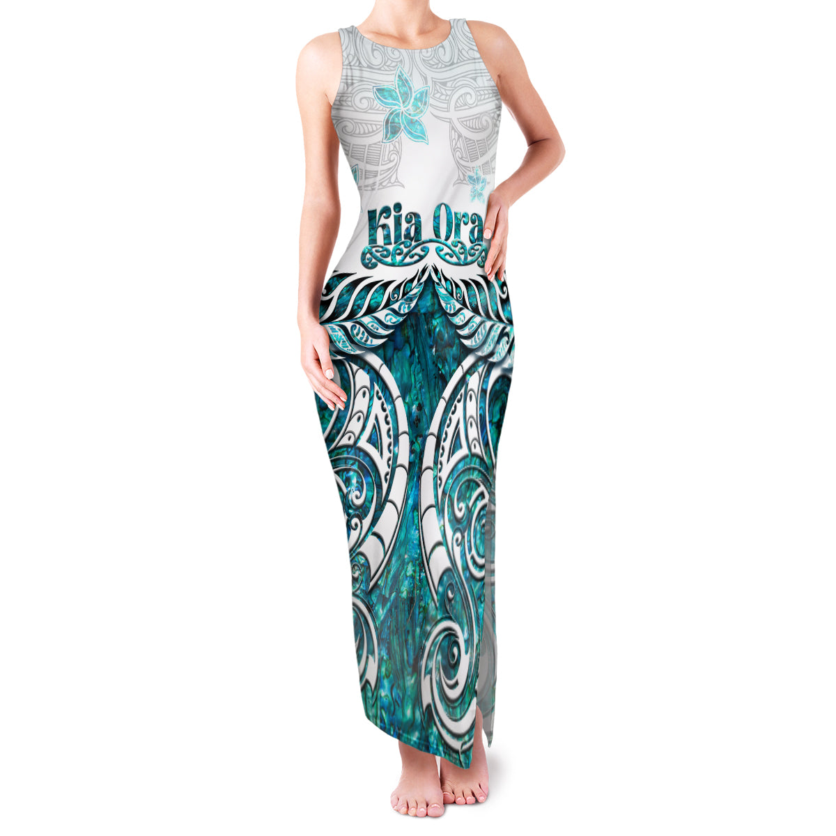 New Zealand Aotearoa Kia Ora Family Matching Tank Maxi Dress and Hawaiian Shirt Paua Shell Maori Silver Fern LT05 Mom's Dress Turquoise - Polynesian Pride