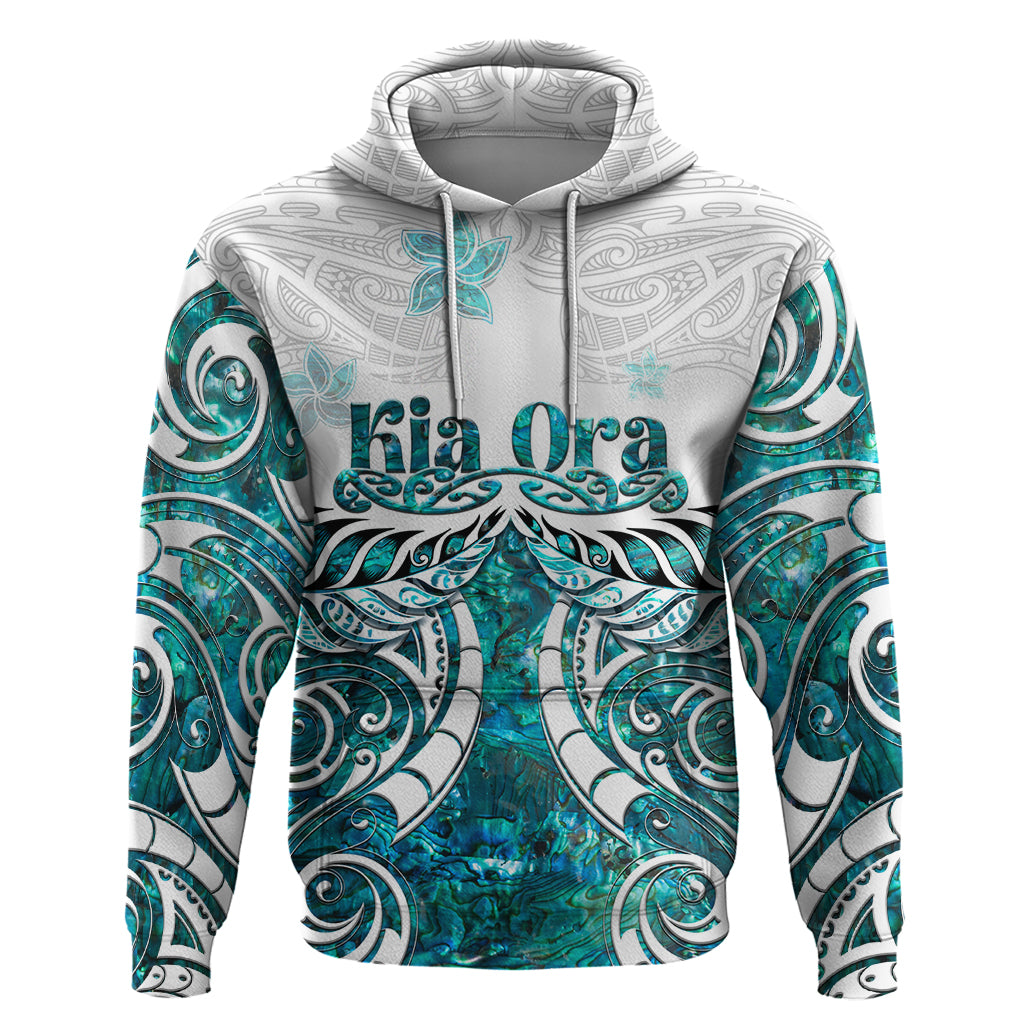 New Zealand Aotearoa Kia Ora Hoodie Paua Shell Maori Silver Fern LT05 Pullover Hoodie Turquoise - Polynesian Pride