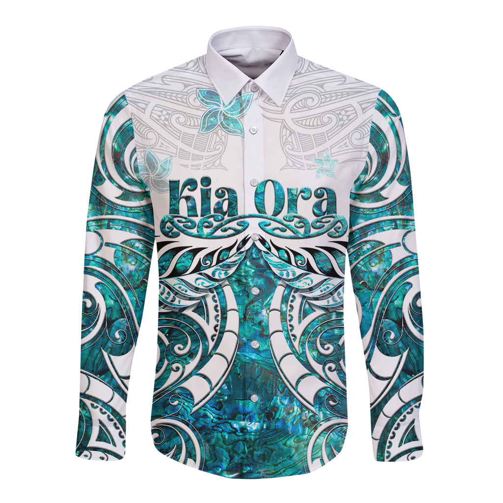 New Zealand Aotearoa Kia Ora Long Sleeve Button Shirt Paua Shell Maori Silver Fern LT05 Unisex Turquoise - Polynesian Pride