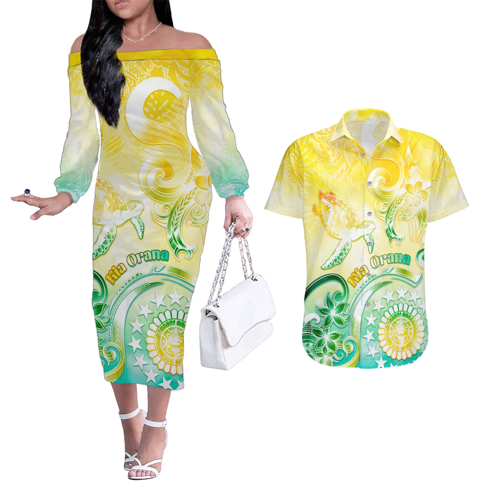 Personalised Cook Islands Kia Orana Couples Matching Off The Shoulder Long Sleeve Dress and Hawaiian Shirt Polynesian Turtle With Circle Stars LT05 Yellow - Polynesian Pride