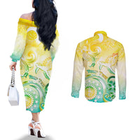 Personalised Cook Islands Kia Orana Couples Matching Off The Shoulder Long Sleeve Dress and Long Sleeve Button Shirt Polynesian Turtle With Circle Stars LT05 - Polynesian Pride