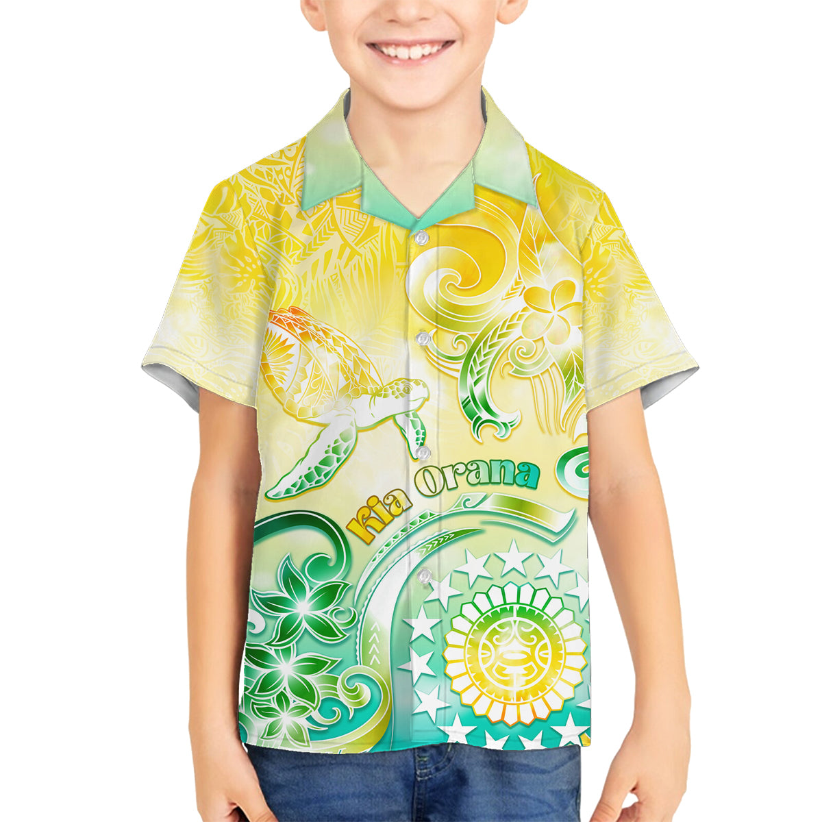 Personalised Cook Islands Kia Orana Family Matching Off Shoulder Long Sleeve Dress and Hawaiian Shirt Polynesian Turtle With Circle Stars LT05 Son's Shirt Yellow - Polynesian Pride
