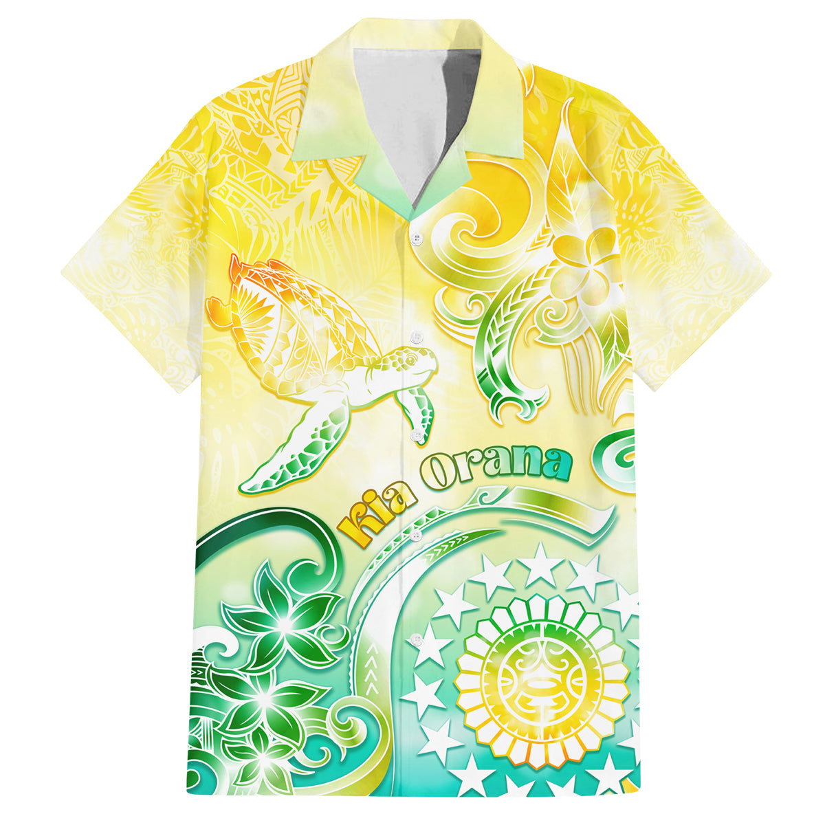 Personalised Cook Islands Kia Orana Family Matching Off Shoulder Short Dress and Hawaiian Shirt Polynesian Turtle With Circle Stars LT05 Dad's Shirt - Short Sleeve Yellow - Polynesian Pride
