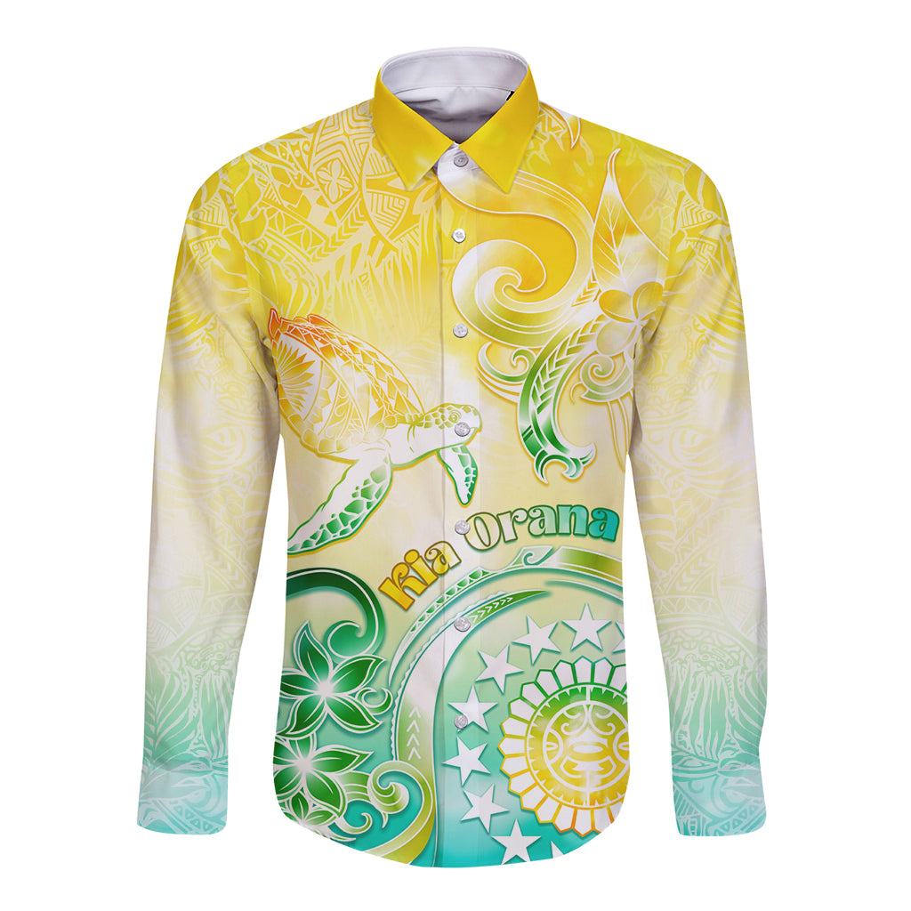 Personalised Cook Islands Kia Orana Long Sleeve Button Shirt Polynesian Turtle With Circle Stars LT05 Unisex Yellow - Polynesian Pride