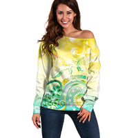 Personalised Cook Islands Kia Orana Off Shoulder Sweater Polynesian Turtle With Circle Stars LT05 Women Yellow - Polynesian Pride