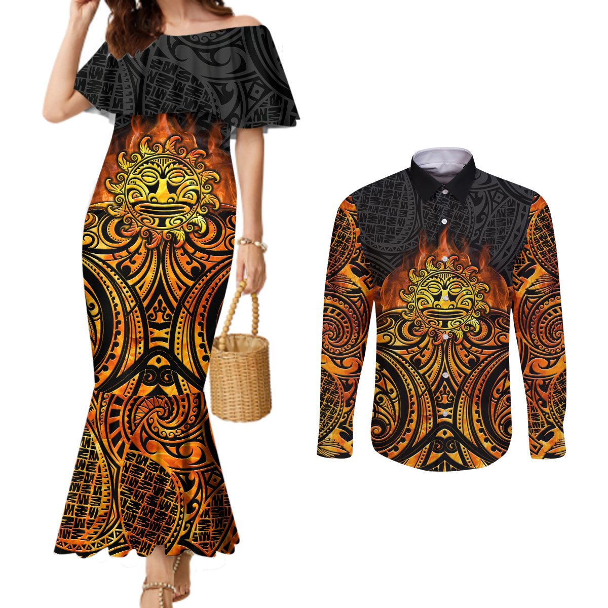 New Zealand Tamanuitera The Sun Couples Matching Mermaid Dress and Long Sleeve Button Shirt Maori Pattern