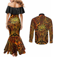 New Zealand Tamanuitera The Sun Couples Matching Mermaid Dress and Long Sleeve Button Shirt Maori Pattern