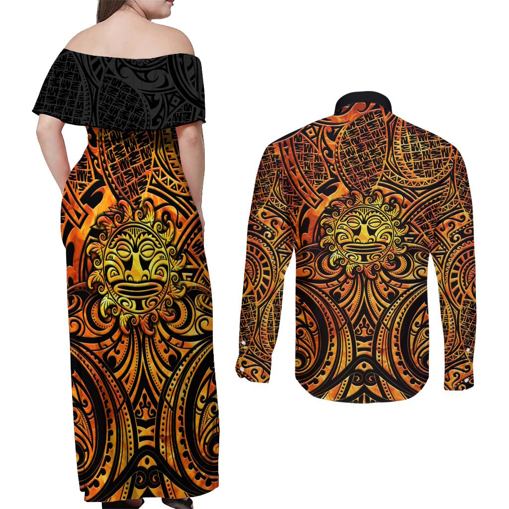 New Zealand Tamanuitera The Sun Couples Matching Off Shoulder Maxi Dress and Long Sleeve Button Shirt Maori Pattern